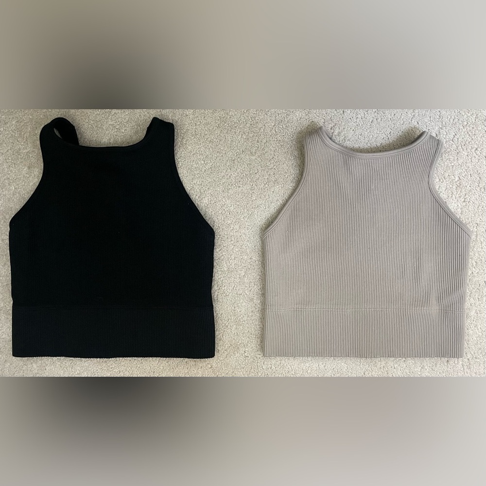 Popular Gilly Hicks Black and Beige Fitted Crop Ribbed Tank Tops